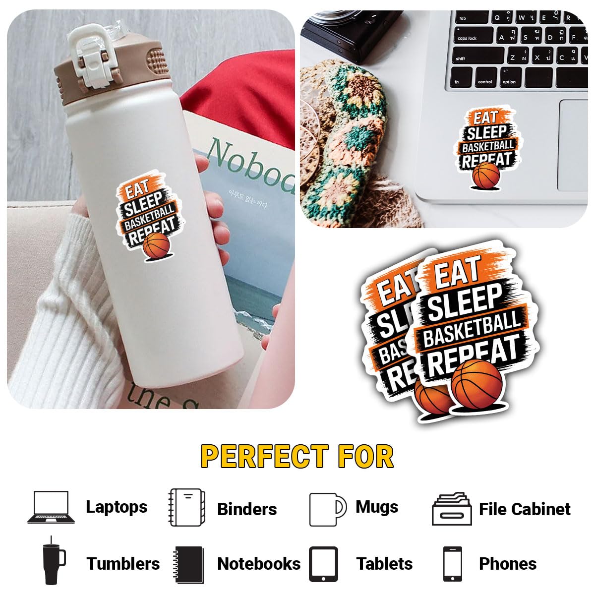 3 Pcs Eat Sleep Basketball Repeat Vinyl Stickers – Funny Basketball Quote Decals for Players, Athletes, Sports Fans – Motivation Sticker for Laptop, Bottle, Locker, Journal (S1, 2 inch) BST202