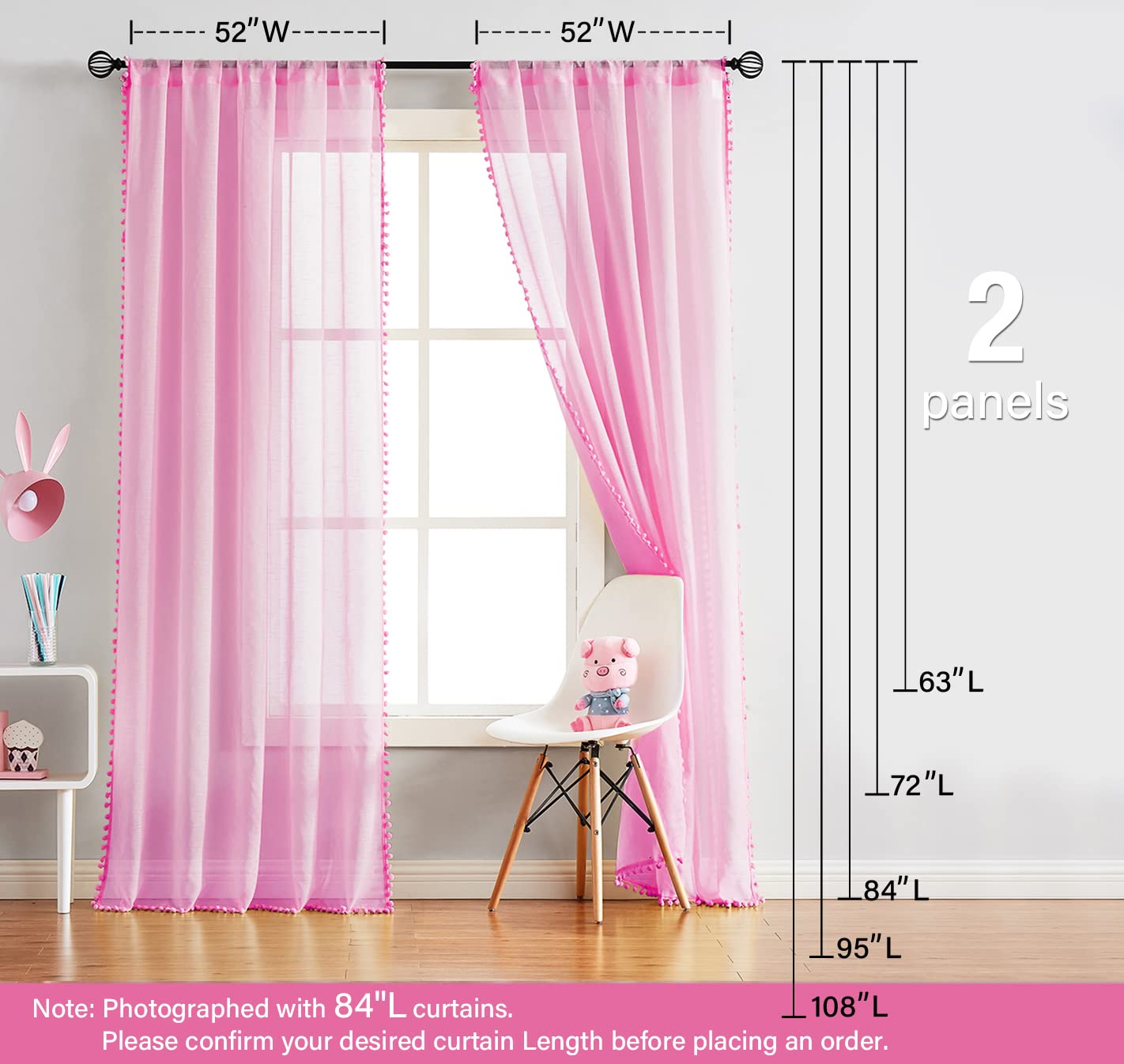 Treatmentex Pom-Pom Grey Sheer Curtains for Bedroom 63" Window Drapes Rod Pocket Textured Sheer Curtain for Kids Room 52" w 2 Panels BST202