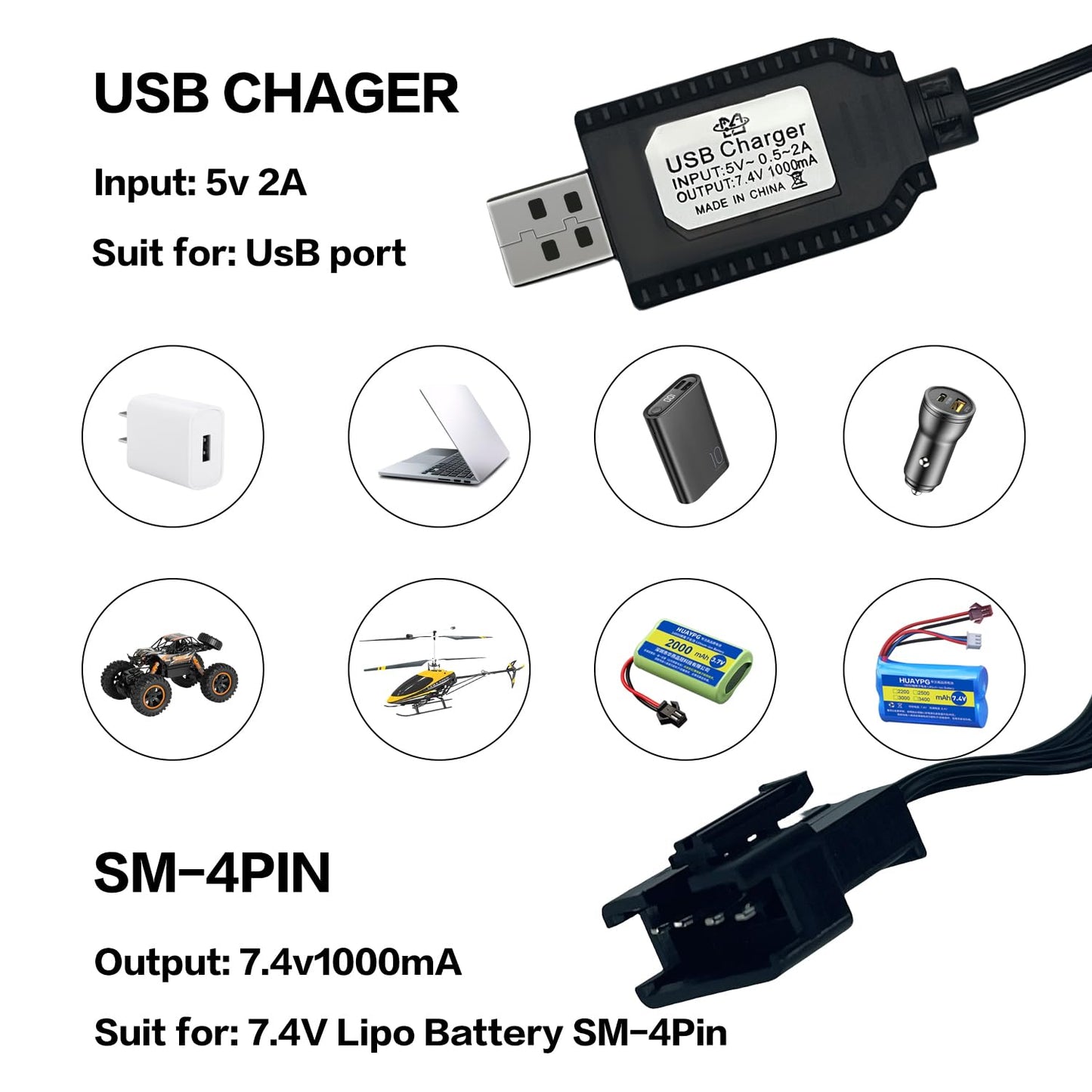 7.4V USB Charger Cable with SM-4PIN Plug Compatible RC Car RC Tank RC Boat and Other Remote Control for Universal 7.4V Lipo Battery USB Charger with Battery Protection (1) Black WN420