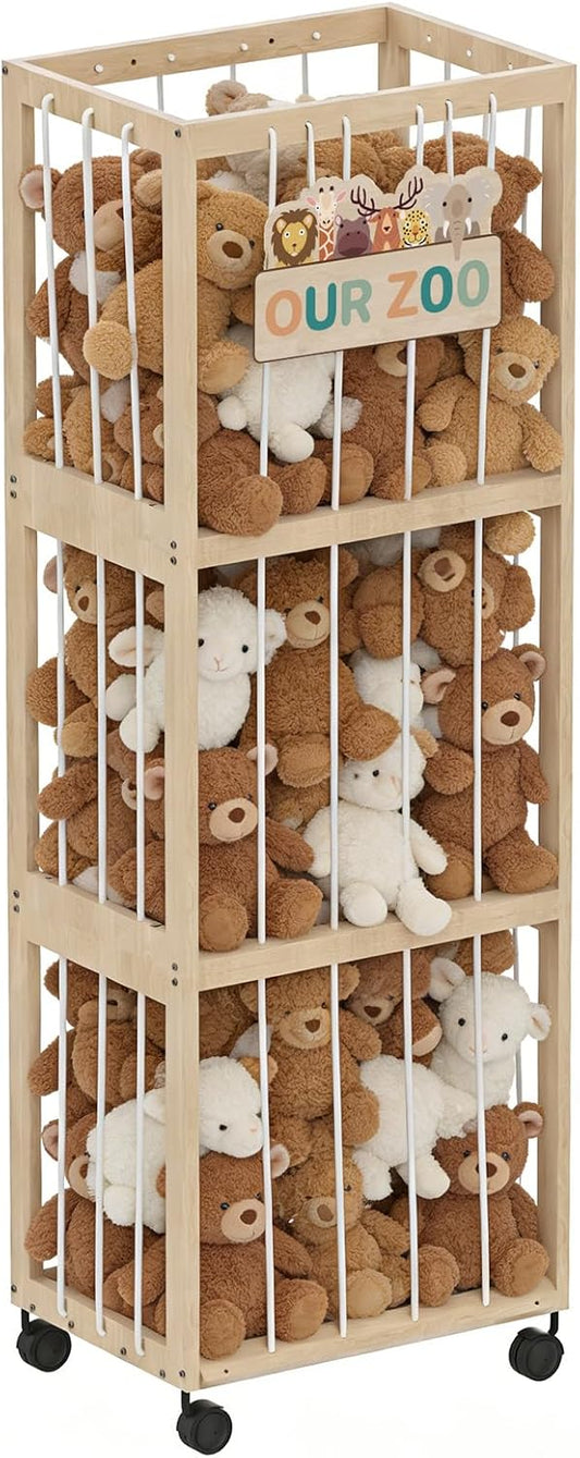 Stuffed Animal Zoo Storage with Wheels, Mobile Wooden Toy Organizer Cage with Elastic Band, Easy Assembly Large Capacity for Nursery Playroom Bedroom BST326H