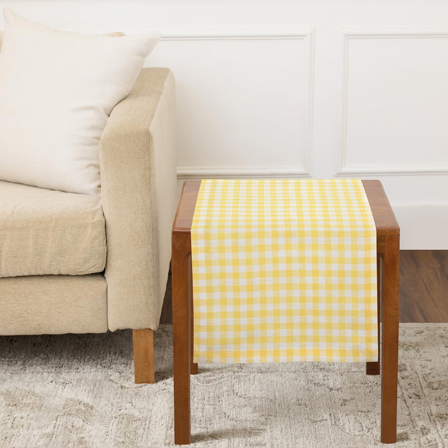 Solino Home 100% Pure Linen Table Runner Apricot, Gingham Check 14 x 36 in | Table Runners for nightstands, end tables, coffee tables and dressers | checkered weave, mitered corners | OEKO-TEX Certified BST326SOLH
