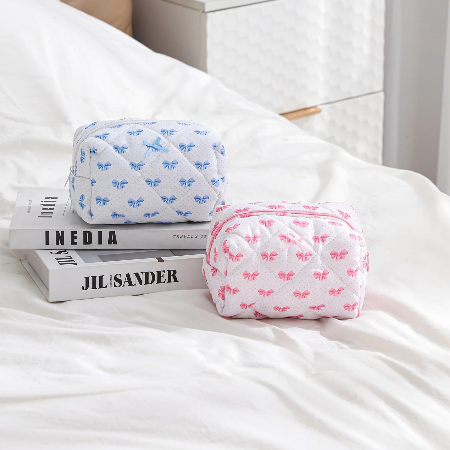 Cute Small Floral Cotton Makeup Bag, Quilted Zipper Pouch with Coquette Bear for Women and Girls, Kawaii Travel Cosmetic Bags for Purse(07Yellow and Pink Flower) BST220