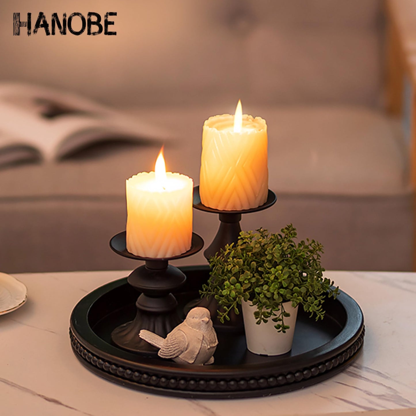 Hanobe Decorative Tray for Coffee Table: 10.5-Inch Round Whitewashed Wood Tray for Rustic Farmhouse Living Room Kitchen Island Entryway Home Decor BST326H