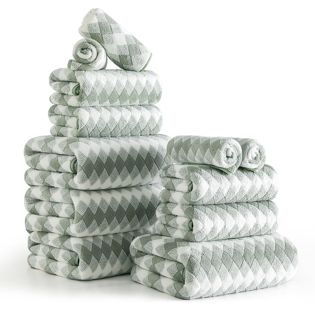 12 Pcs Light Gray Diamond Towel Set-4 Bath Towels,4 Hand Towels,4 Washcloths Soft Polyester Towels with Loop Absorbent Shower Towel Quick Dry Beach Chair Towel Family Towels for Bathroom Spa Gym Pool BST220