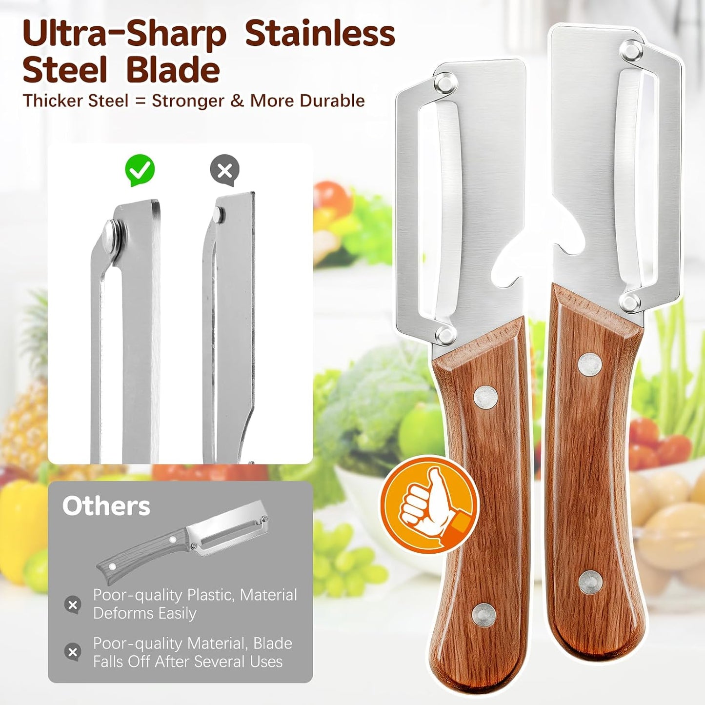 Left & Right Hand Vegetable Peeler Set with Bottle Opener, Thickened Stainless Steel Wide Blade for Smooth Peeling, Wooden Handle Kitchen Peeler for Fruits & Vegetables BST326L