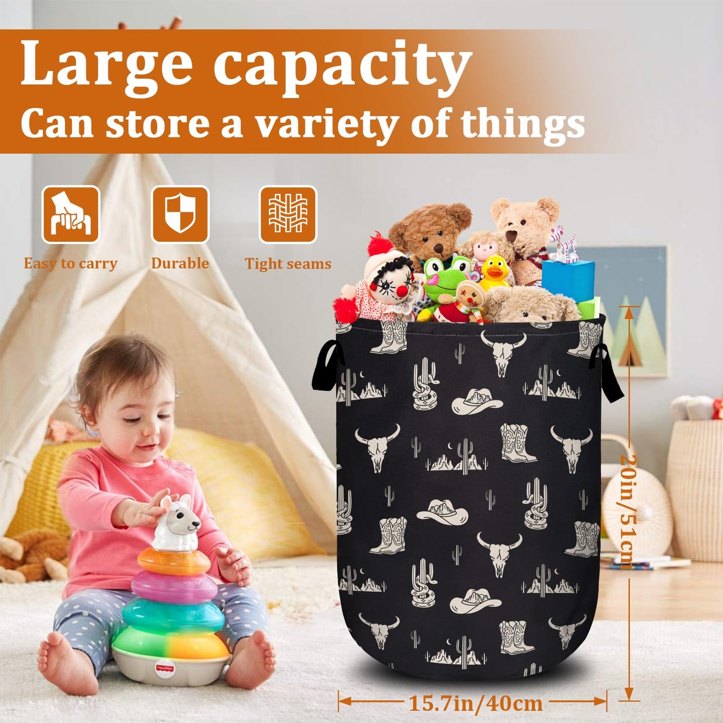 Nature Cow Print Laundry Basket with Sturdy Handles, Cow Skin Collapsible Oxford Cloth Laundry Hamper Organizer Basket for Bathroom Bedroom 15.7x20 Inch BST220