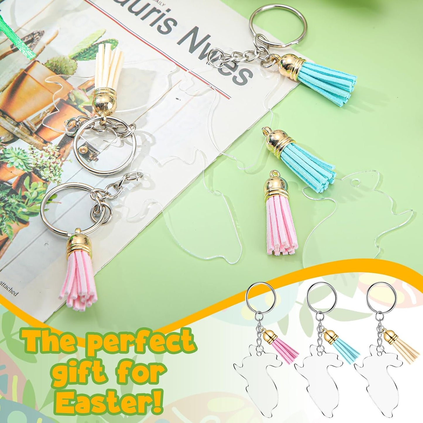 Tondiamo 120 Pcs Easter Blank Keychain Tassel Set Including 30 Pcs Rabbit Keychain Blank 30 Keychain Ring 30 Jump Rings 30 Artificial Leather Tassel for DIY Keychain Earring WN420