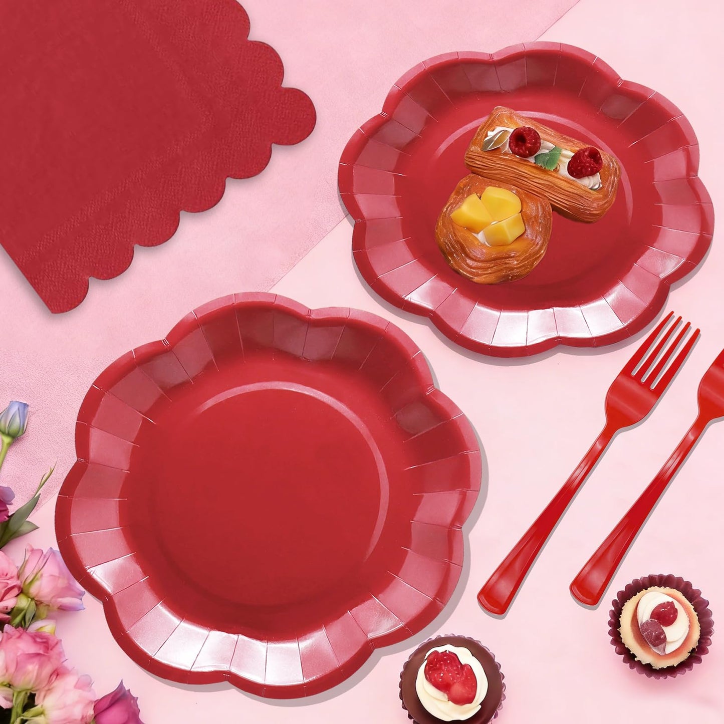 Red Plates Party Supplies,9 inch Red Paper Plates Disposable Scalloped for Birthday Cake Plate Baby Shower Dinner Wedding Dessert Valentines Day Party BST220