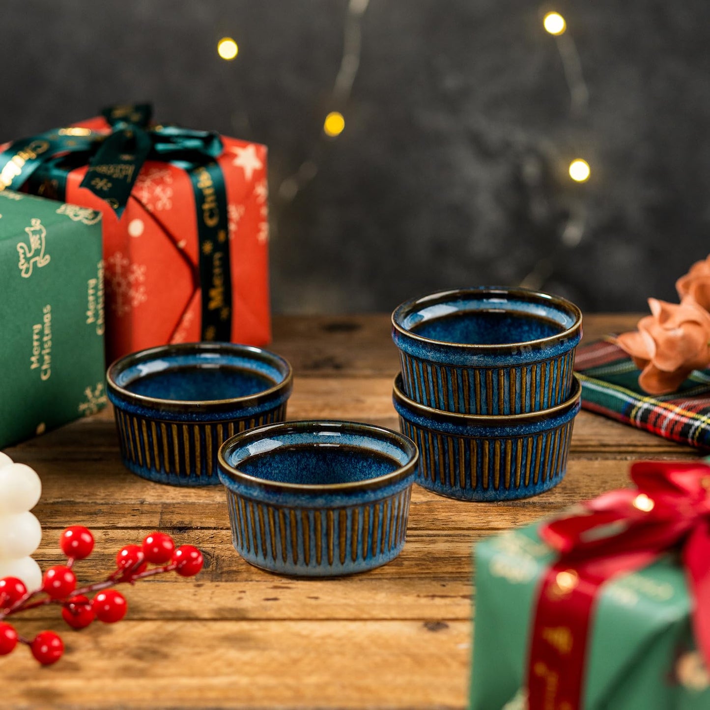 4oz Ramekins Set of 4,Creme Brulee Ramekins Oven Safe,Ceramic Custard Cups Ramiken for Baking,Souffle Ramekin Bowls for Pudding Ice Cream,Blue BST220