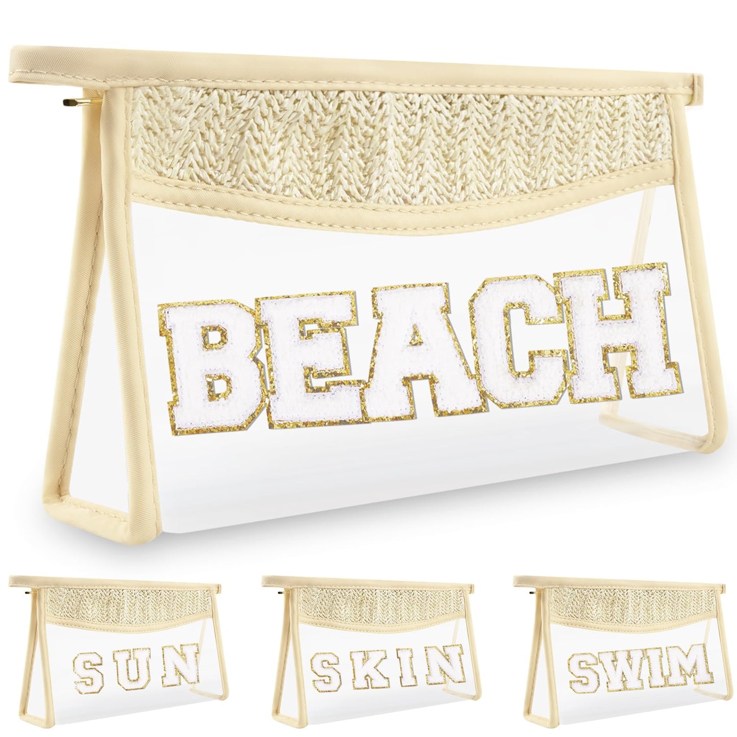 Boho Clear Makeup Bag Cosmetic Zipper Pouch Purse, Clear Toiletry Bags Travel Small Preppy Cute DIY Chenille Letter Bag, Transparent PVC Waterproof Clutch Make Up Organizer Storage Bag for Women Girls BST220