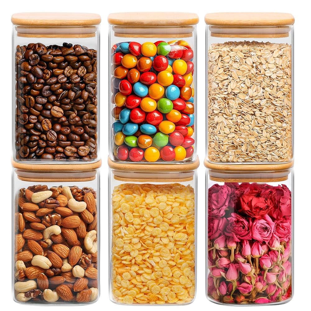 ComSaf 0.6 Qt Glass Food Storage Jars Set of 6, Clear Storage Containers with Airtight Lids, Pantry Organization Jar, Spice Jar, Blooming Tea, Coffee and Sugar Container, Canister Set for Kitchen BST220