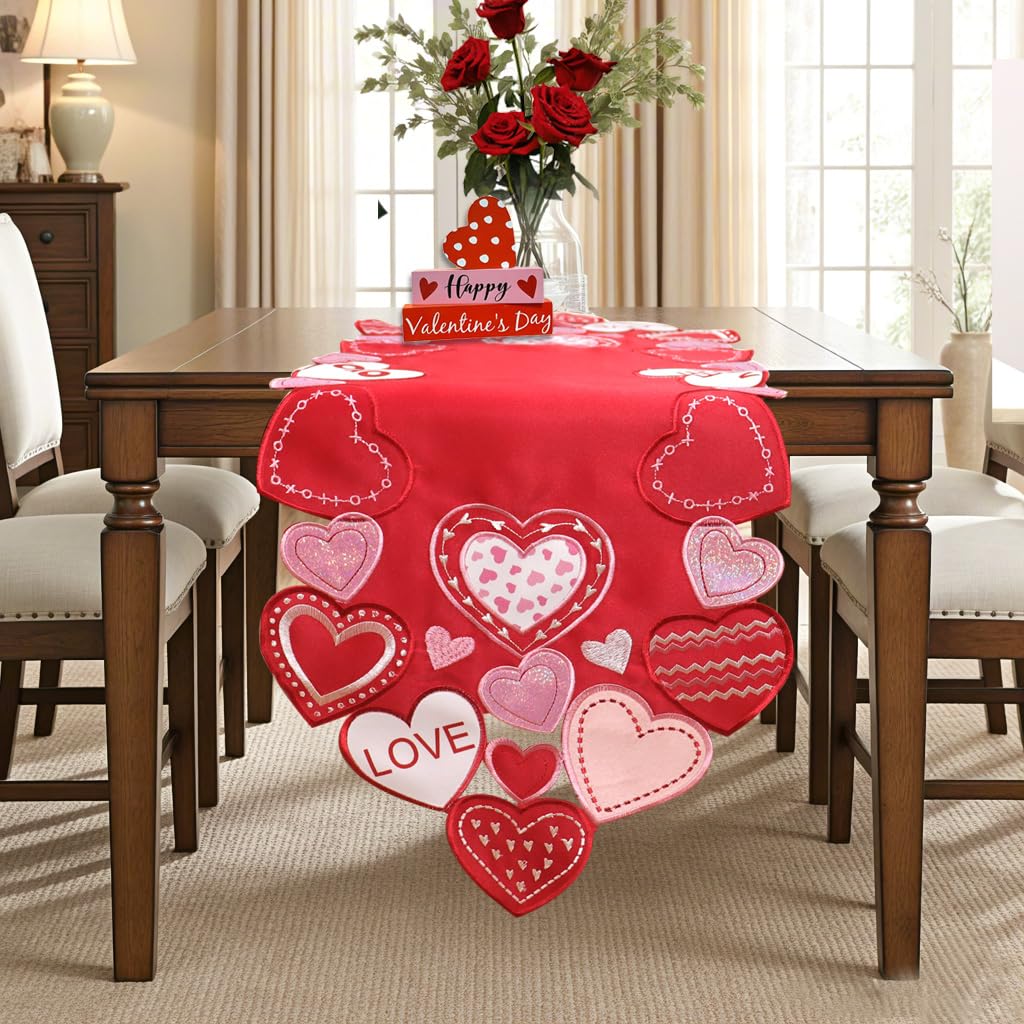 Valentines Table Runner Embroidered Red Love Heart Pink Valentines Day Runner for Table Decorations 54 inches Long Sparkle Cut Out Wedding XOXO BST202