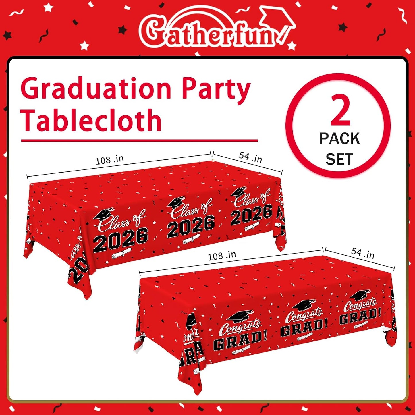 Gatherfun 2026 Graduation Decorations : 2-Pack Congrats Grad Disposable Tablecovers - Class of 2026 Red Themed Table Cloths, for Graduation Party Supplies & Graduation Backdrop, 54" X 108" BST326L