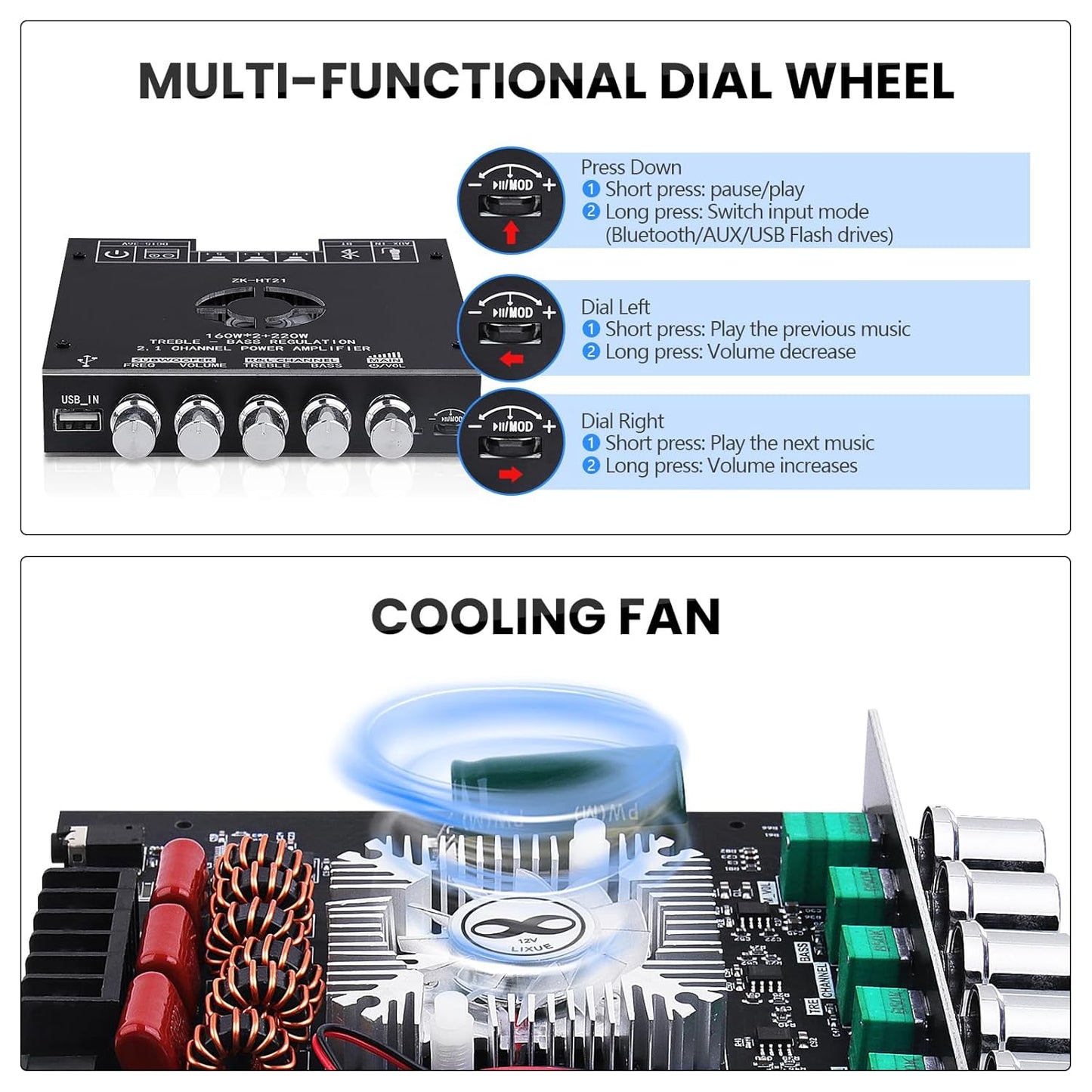 ZK-HT21 Bluetooth Amplifier Board 160W×2+220W Subwoofer 2.1 Channel Audio Amplifier Bluetooth Module with Treble and Bass Control,AUX/Bluetooth/USB Inputs for Passive Speakers