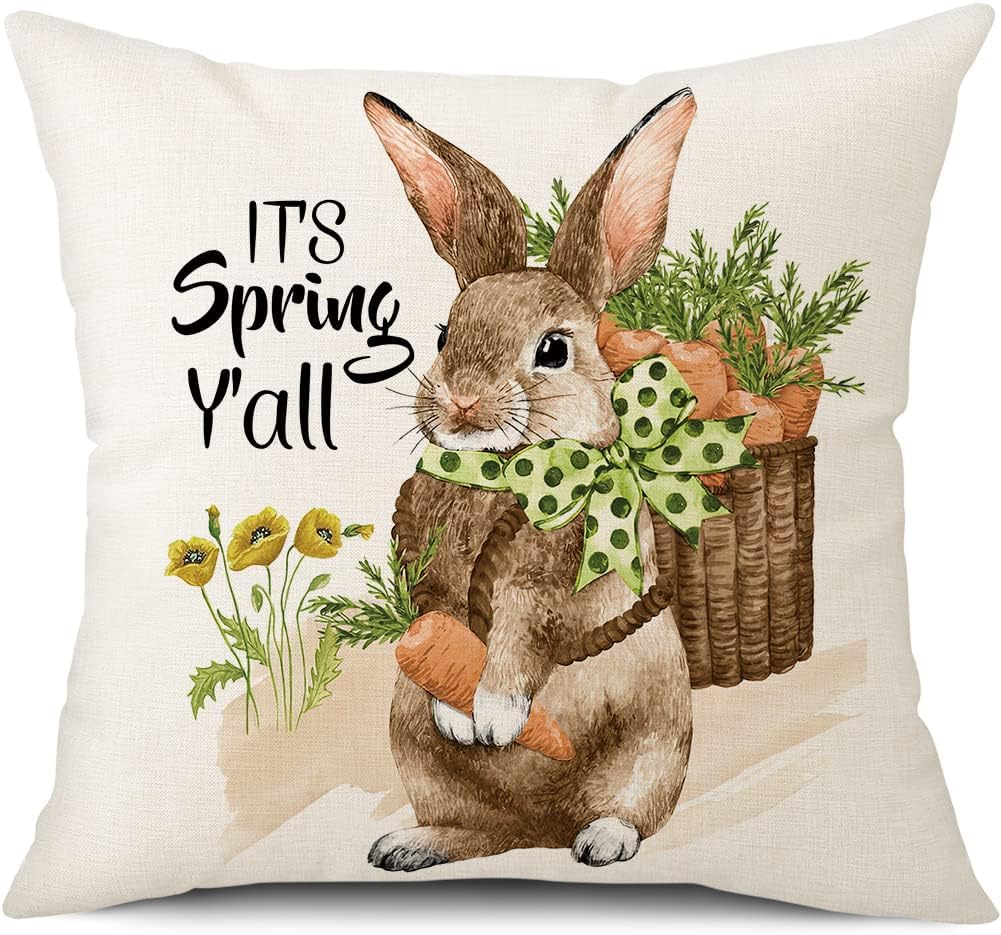 Spring Easter Pillow Covers 18x18 Set of 2 Rabbit Bunny Carrot Truck Spring Flowers Decorative Throw Pillow Covers for Home Office Sofa Bed Couch BST326L