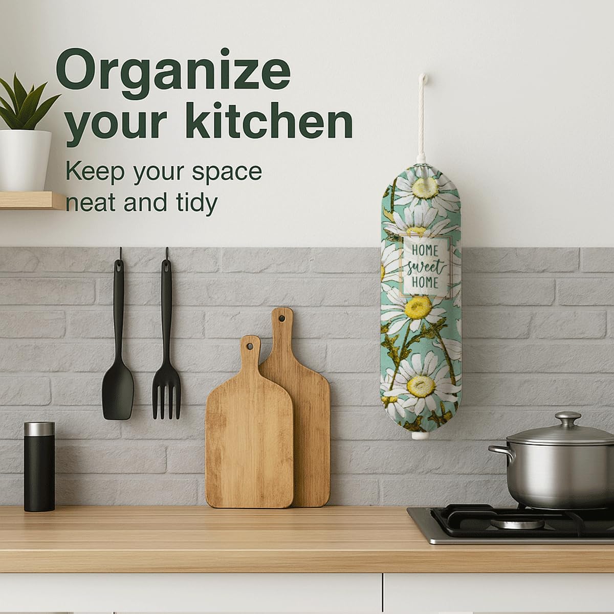 Daisy Plastic Bag Holder, Home Sweet Home Plastic Bag Holder, Bags Holders for Plastics Bags Groceries Store, Floral Reusable Grocery Sack Storage Dispenser for Kitchen Decor BST202