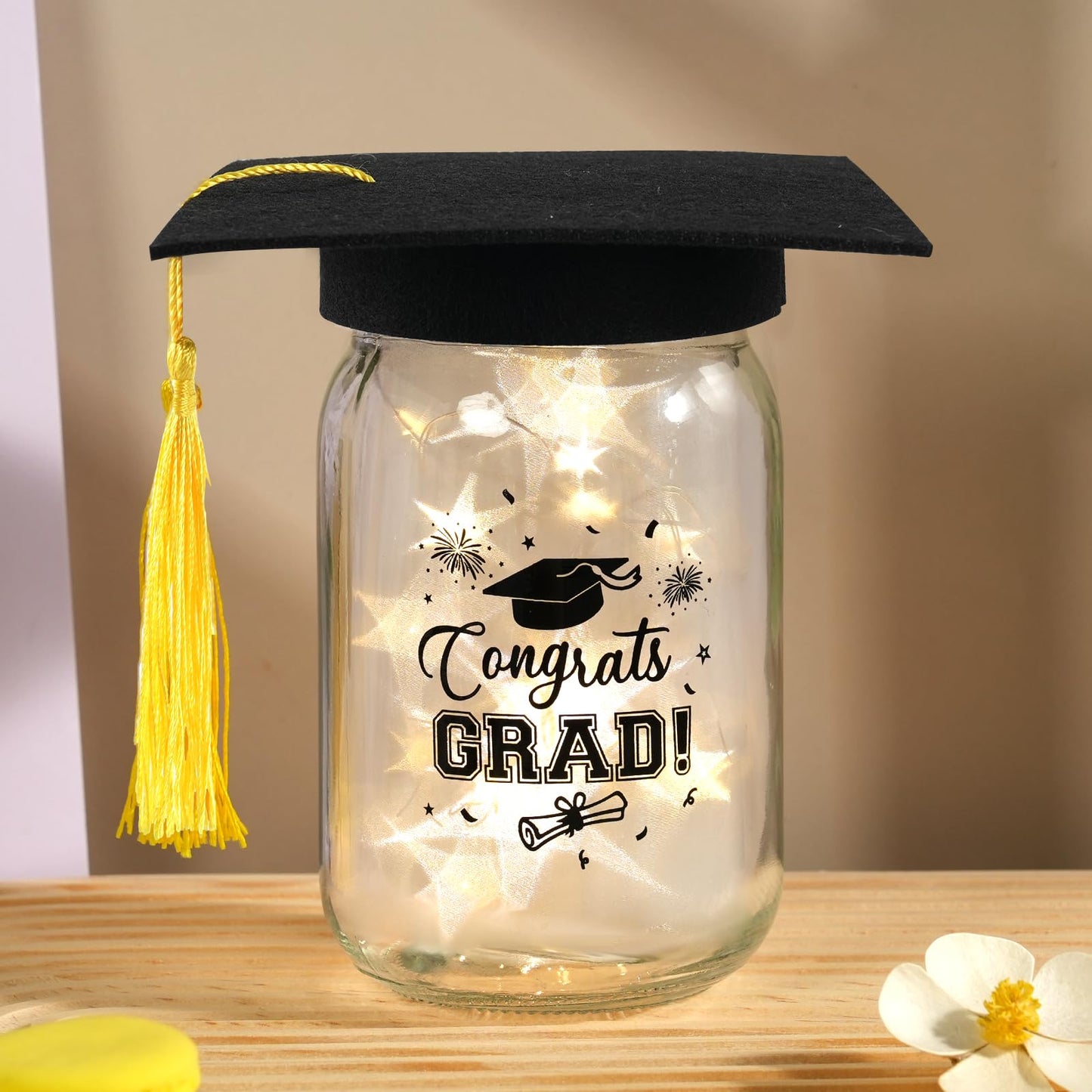 3 Sets 2026 Graduation Centerpieces for Tables, Glowing Mason Jar Centerpieces with Graduation Caps, Glowing Money Jars for College High School Congrats Grad Party Decor Supplies WN420