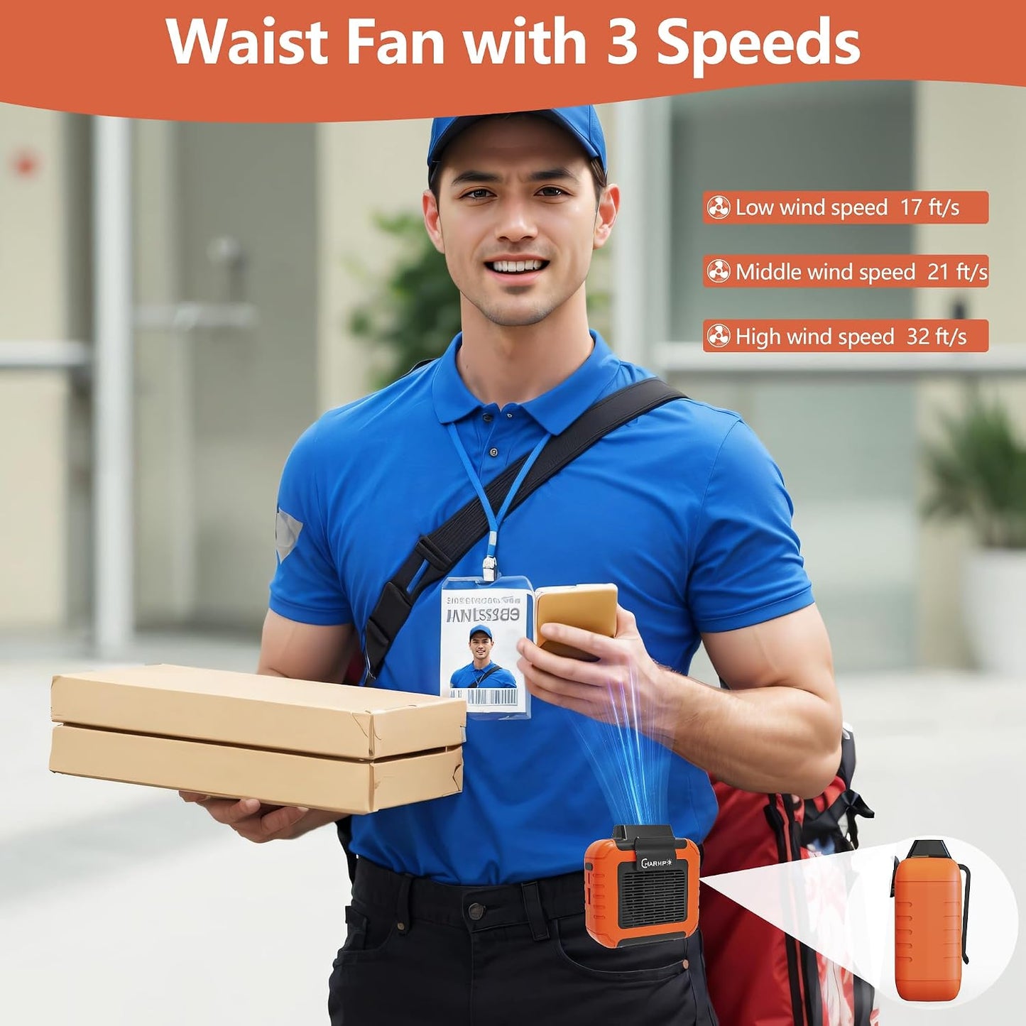 Portable Waist Fan - 6000mAh Battery, 3 Speeds, Strong Airflow, Up to 16 Hours Working Time, Portable Hands-Free Cooling Belt Clip Fan for Construction Workers, Couriers, and Campers BST202
