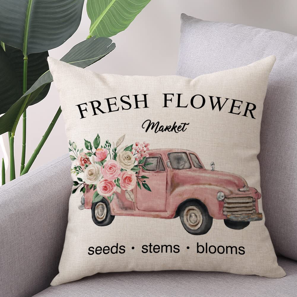 Spring Easter Pillow Covers 18x18 Set of 2 Rabbit Bunny Carrot Truck Spring Flowers Decorative Throw Pillow Covers for Home Office Sofa Bed Couch BST326L