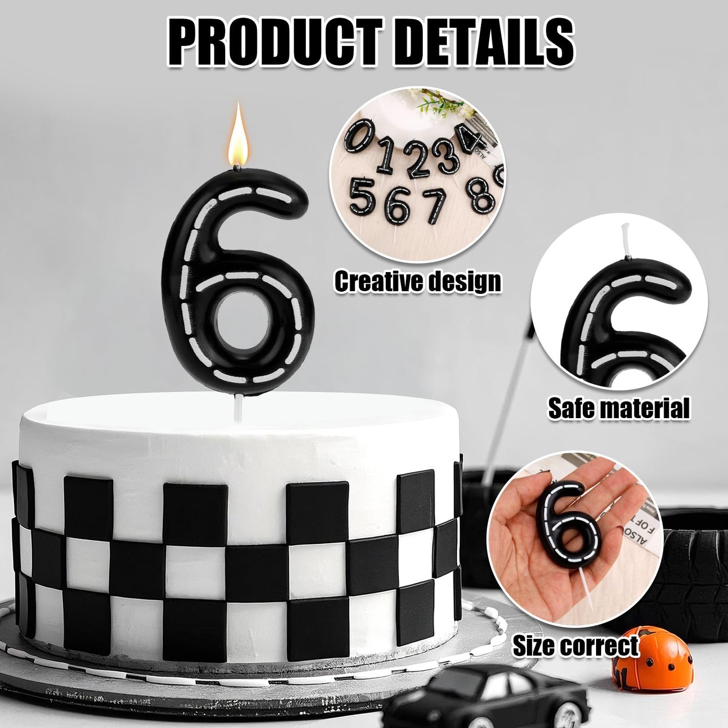 Birthday Number Candles, Black White Numeral Birthday Candles Racing Cars Themed Cake Decoration Cake Topper for Bday Anniversary Wedding (Number 2) BST326L