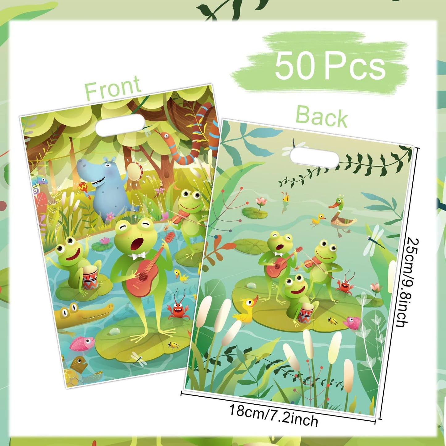 Falueqg Frog Party Favor Bags - 50 Pcs Green Frog Goodie Candy Gift Bags Summer Animal Theme Party Supplies for Birthday Baby Shower Decorations BST326H