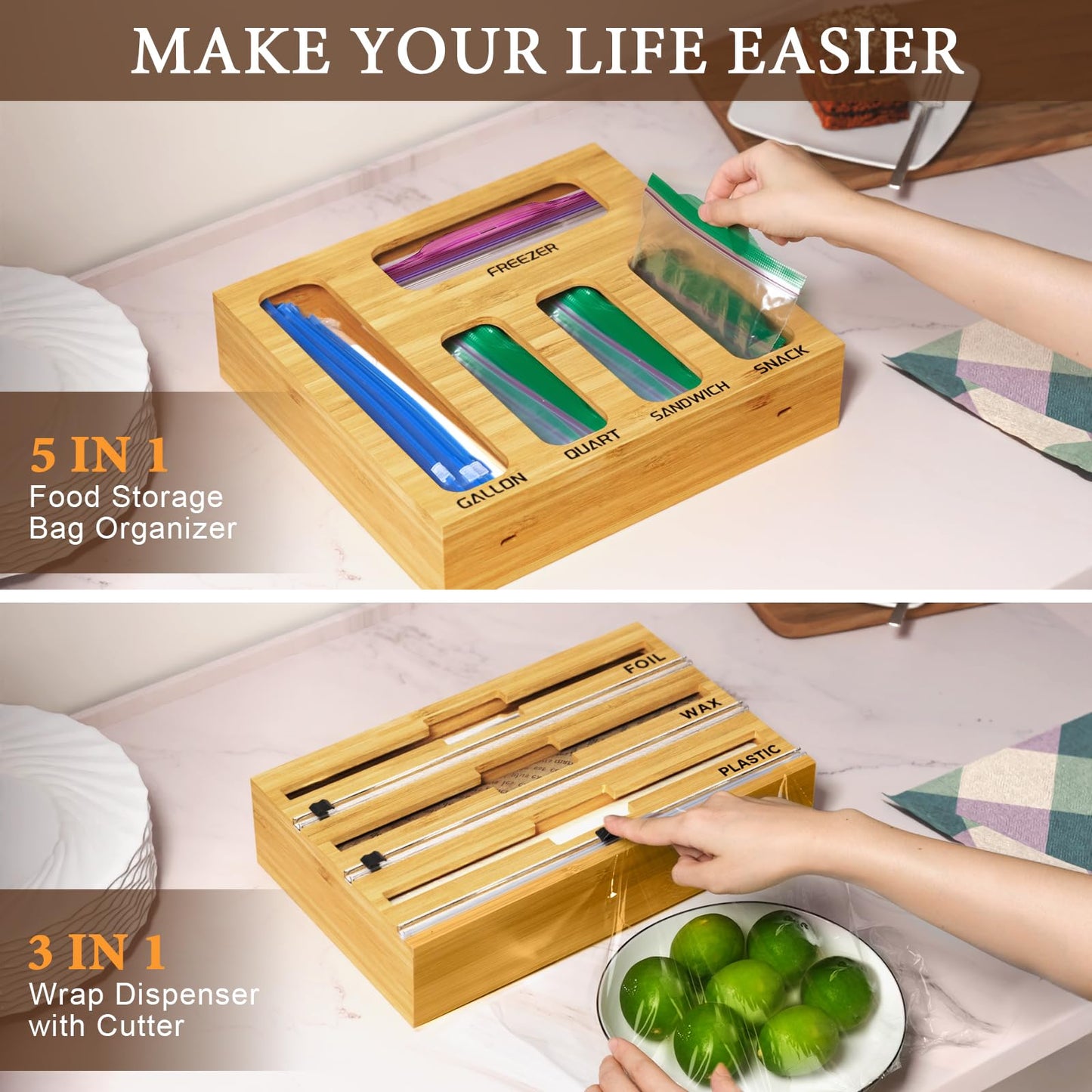 Bamboo Foil and Plastic Wrap Organizer for Kitchen Drawer, 9 in 1 Plastic Bag Organizer Organization and Storage, Food Storage Bag Organizer with Labels for Quart Gallon Snack (White) DD1210