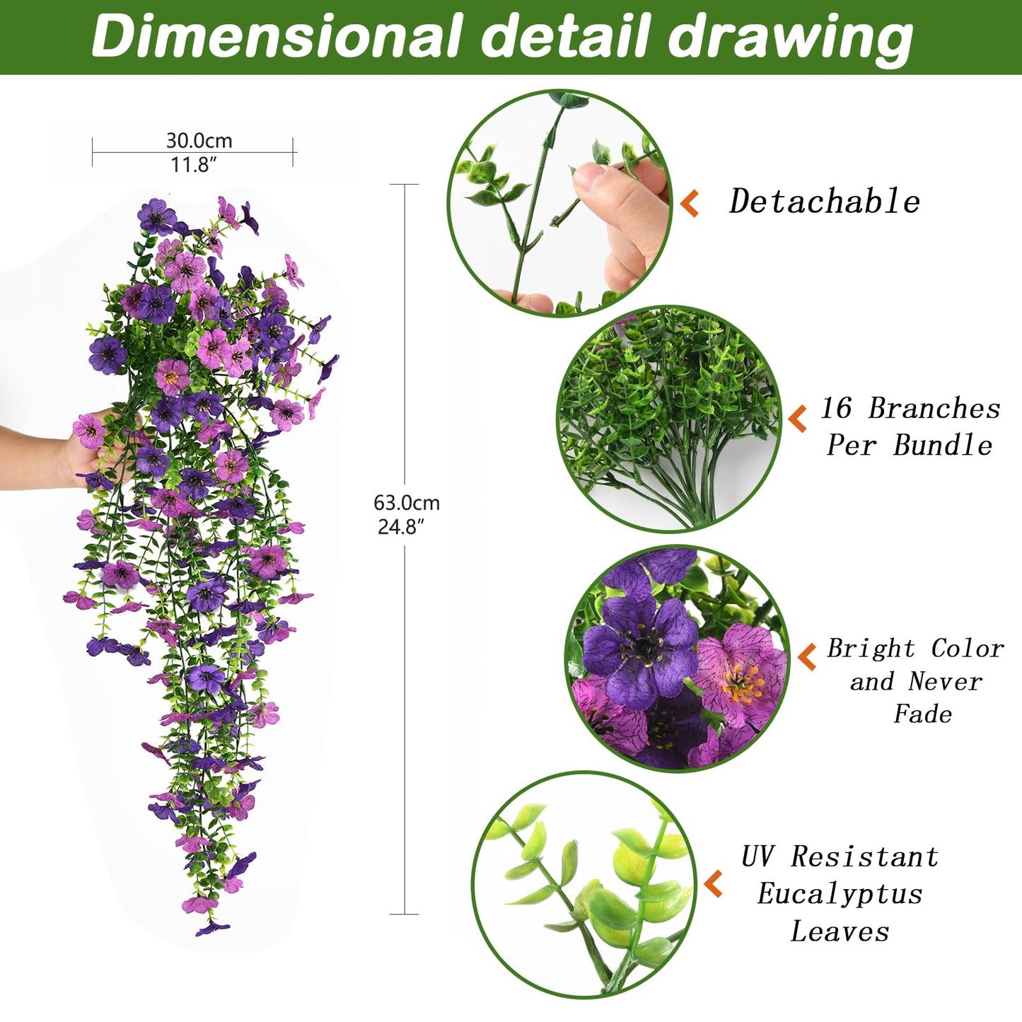 Artificial Hanging Flowers for Outdoor, 2PCS Fake Flowers Faux Silk Daisy with Eucalyptus Leaves, UV Resistant Aritificial Flowers for Spring Home Patio Yard Porch Decor (Light Purple Red) BST202