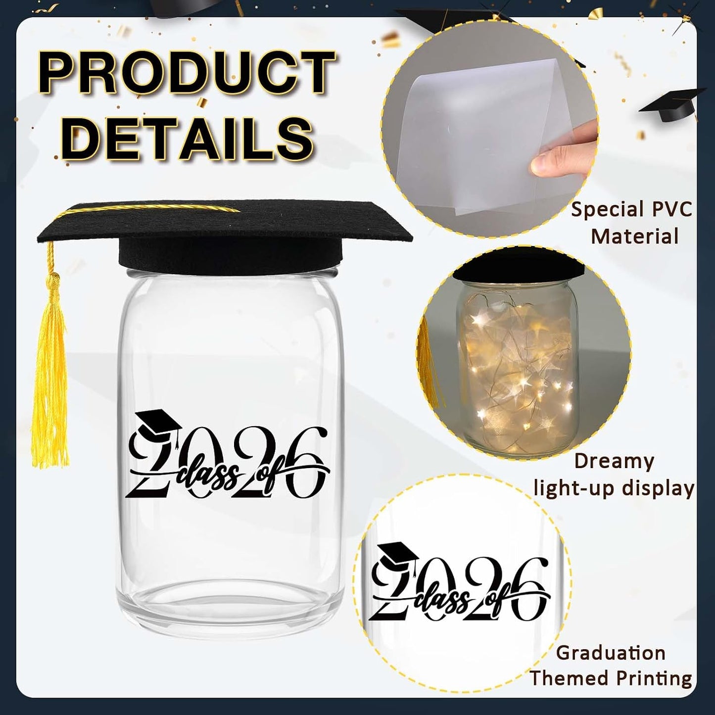 3 Sets 2026 Graduation Centerpieces for Tables, Glowing Mason Jar Centerpieces with Graduation Caps, Glowing Money Jars for College High School Congrats Grad Party Decor Supplies WN420