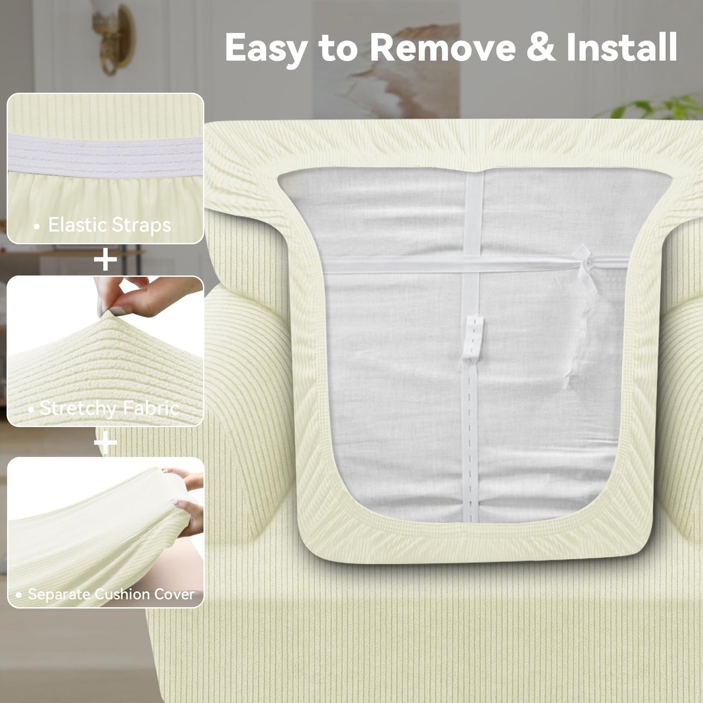 Waterproof Chair Cover with Arms 2-Piece Set Striped Slipcover for 1 Separate T Cushion Couch - TPU Fabric Armchair Covers Leakproof Couch Protector for Kids, Pets(Chair, Beige) BST220