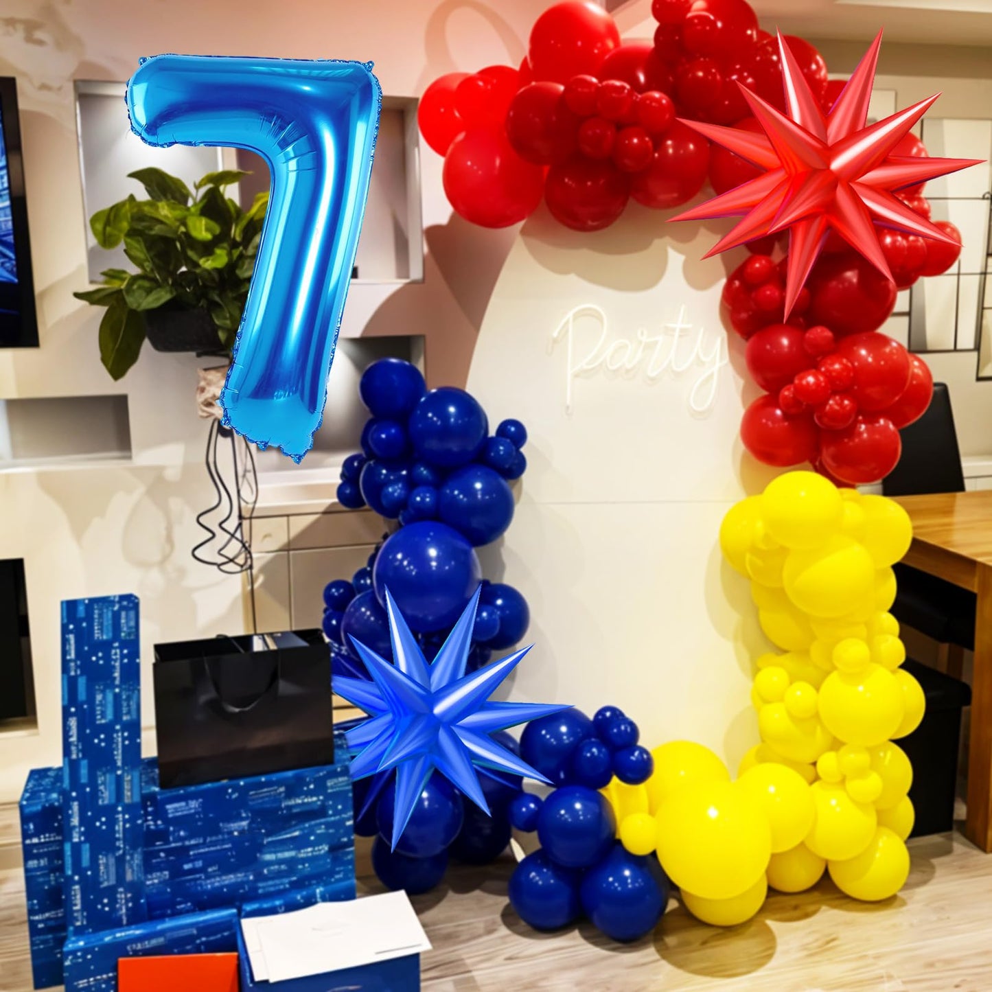 Red Yellow Blue Balloon Garland Arch Kit with Navy Blue 40 Inch Number 7 Balloon, 7th Birthday Decorations for Boy with Star Foil Balloons for 7 Year Old Theme Party Baby Shower Graduation WN420