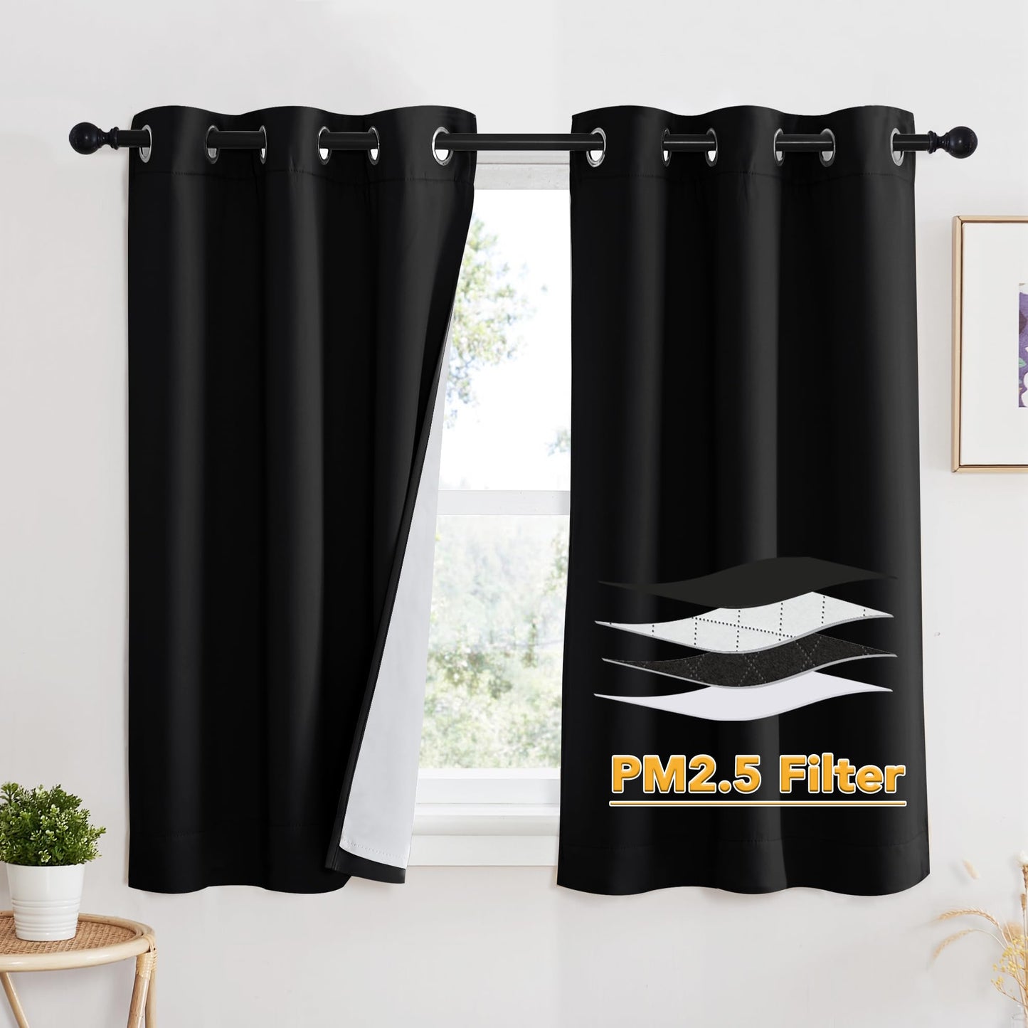 RYB HOME 4-in-1 Dust Filtering Soundproof Blackout Insulating Privacy Window Curtains for Nursery Bedroom Living Room Rivider Sound Absorption Sheet, Black, W52 x L90 inch, 2 Panels BST220