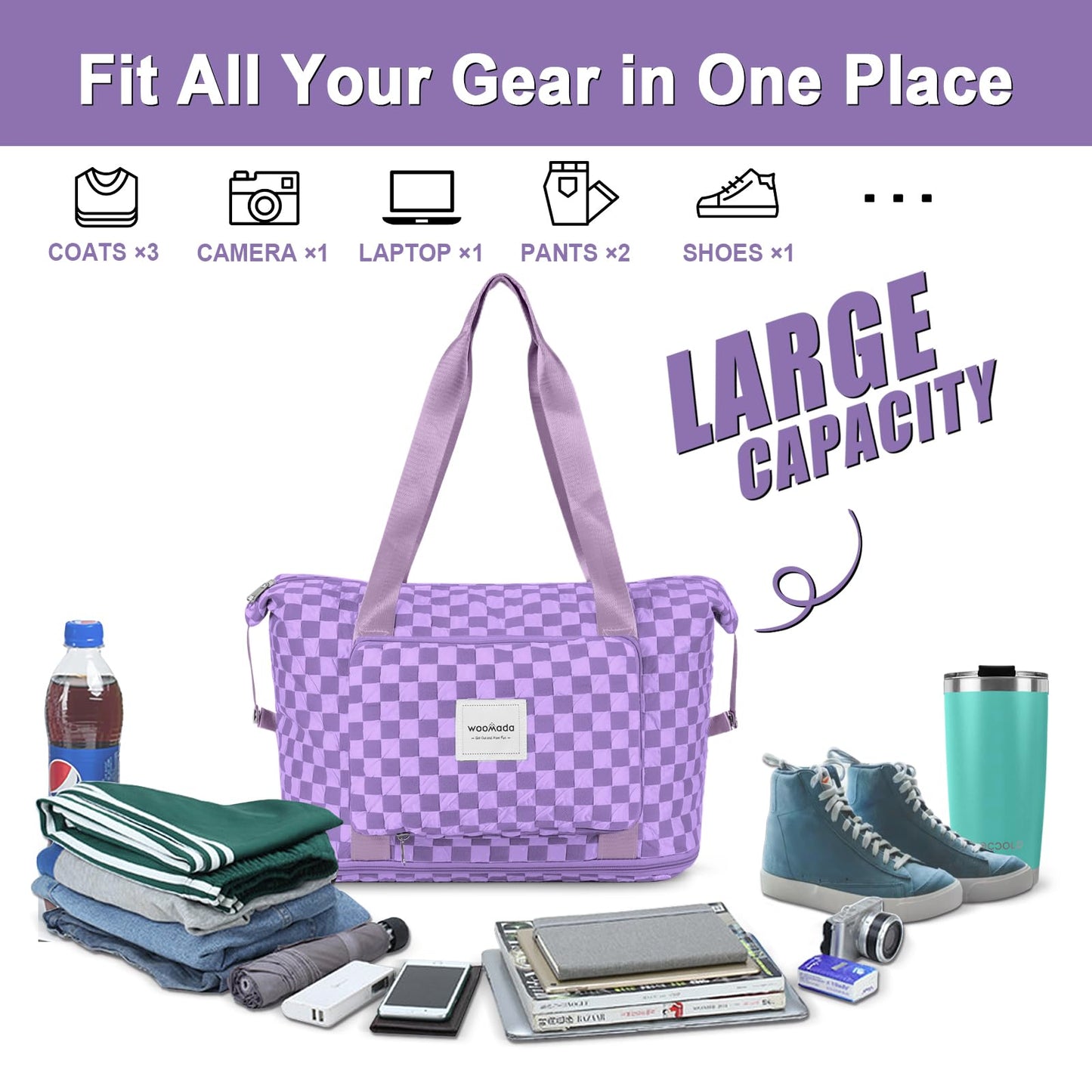 WOOMADA Foldable Travel Duffel, Weekender & Carry-On Bag with Expandable Space BST326H