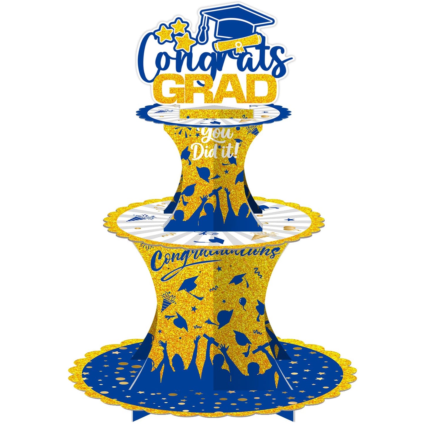 Graduation Cupcake Stand Decoration, 3 Tier Congrats Grad Party Cupcake Holder Tower, Cardboard Grad Theme Dessert Cookies Stand for Graduation Party Supplies Favors (Black & Gold) BST220