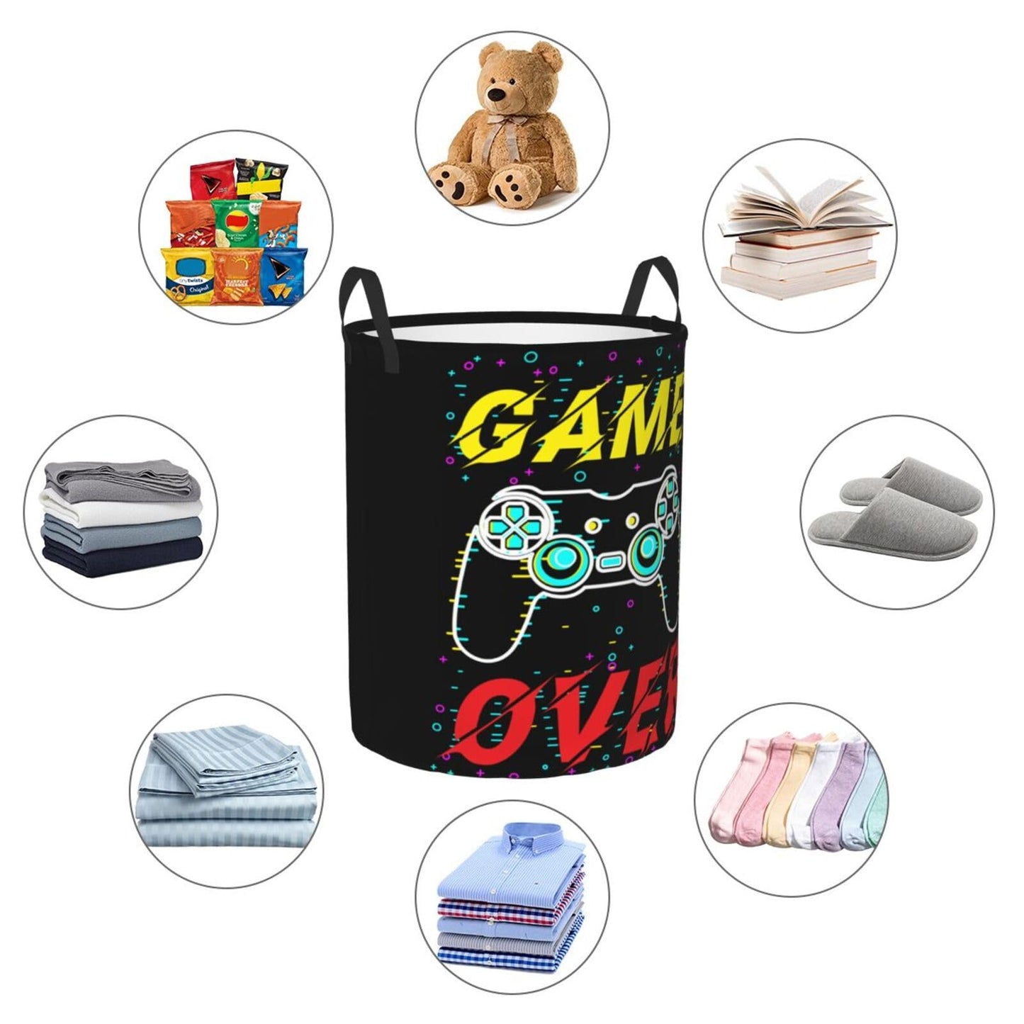 38L Round Laundry Hamper Video Game Controller Background Storage Basket Waterproof Coating Gaming Gadgets Organizer Bin For Nursery Clothes Toys BST202