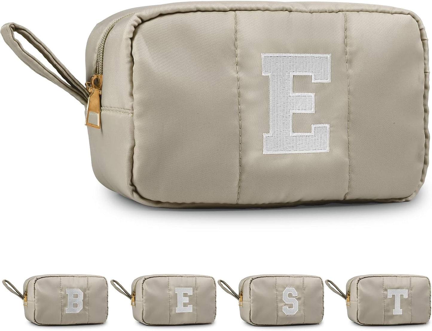 Puffy Makeup Bag for Women,Initial Cosmetic Bag,Cute Travel Toiletry Bag,Puffer Make Up Organizer Bags with Compartments,Personalized Gifts for Girlfriend Bridesmaid Teacher Graduation (Khaki gray, E) BST202