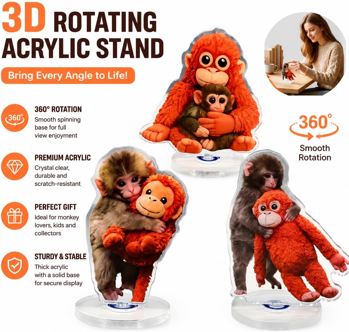3-Pack Protect Punch Monkey Rotating Acrylic Display Plaque of Cute Monkey Toy for Desktop,Car Accessories and Gift,Rotatable, with Base (Beown) (ABC) BST202