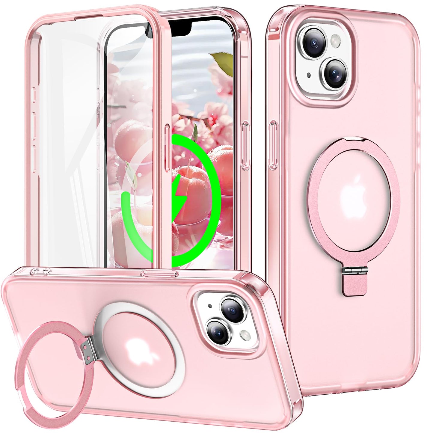 for iPhone 13 Pro Full Body Shockproof Case with Magnetic Invisible Stand [Compatible with MagSafe] Built-in Screen Protector Military Drop ProtectionTranslucent Phone Cover -Hot Pink WN420