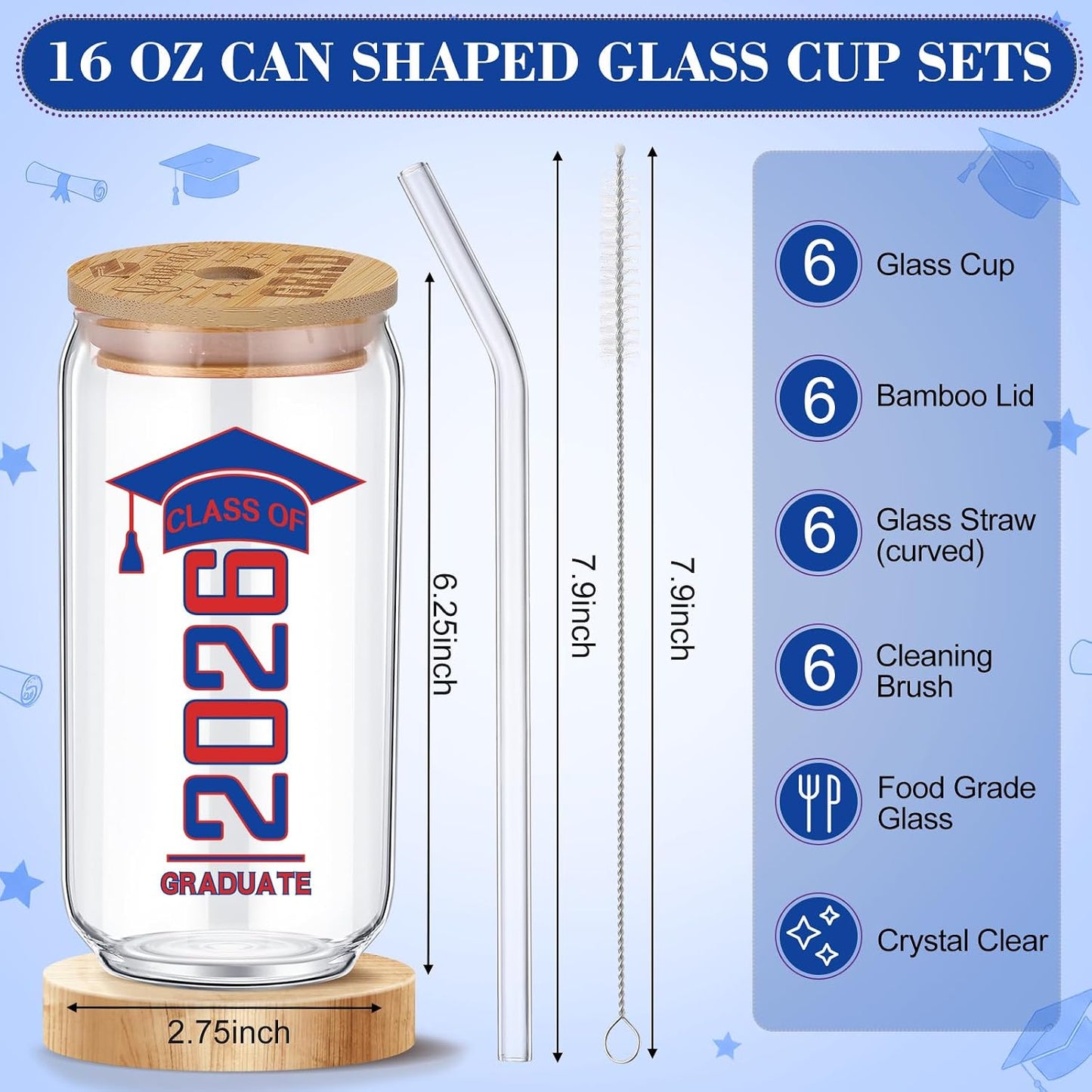 6 Pcs Red and Blue Class of 2026 Graduation Gifts Graduation Glass Cup with Lids Straw 16oz Congrats Grad Coffee Mugs for Her Him Men Women Middle & High School College Tumbler Party Favor BST326H
