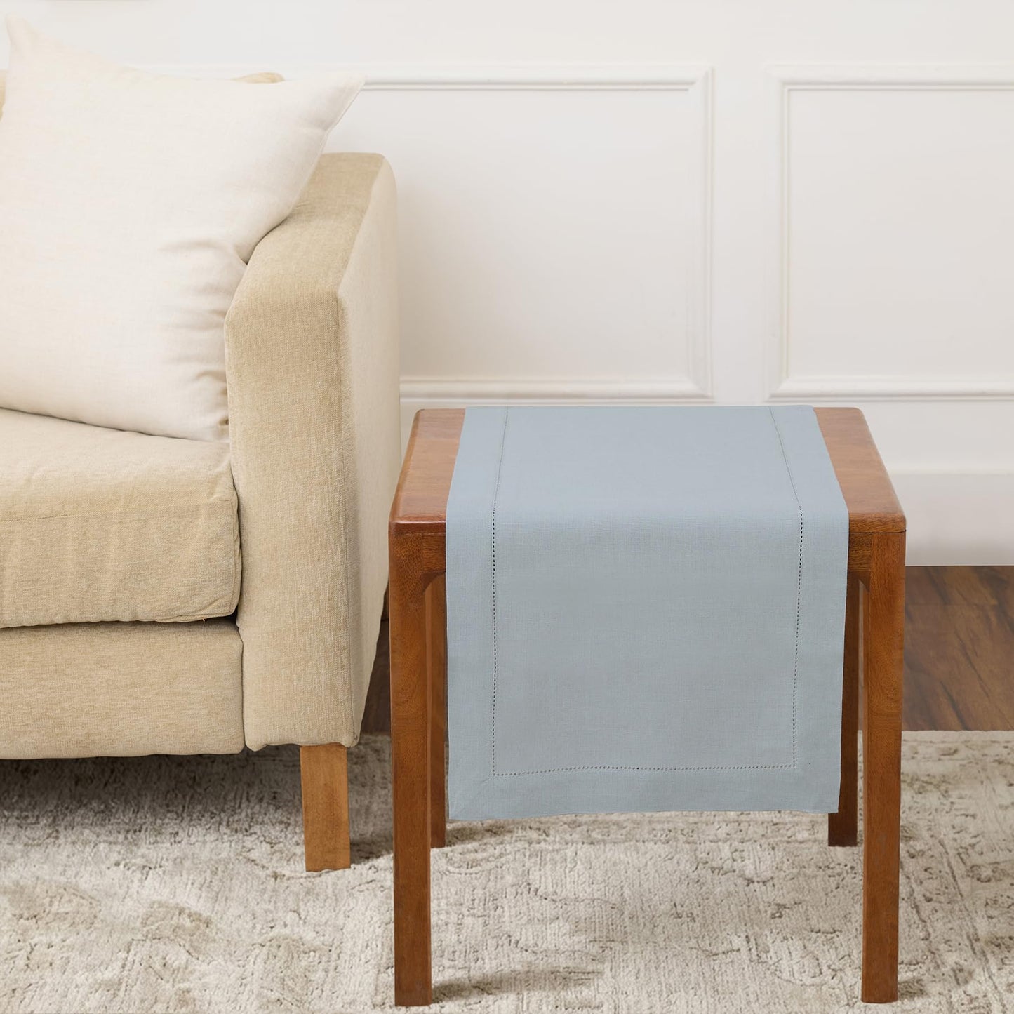 Solino Home 100% Pure Linen Table Runner Garden Green Hemstitch, 14 x 48 in | Classic Hemstitch Table Runners for dining, hallway and console table styling | hand hemstitched borders | OEKO-TEX Certified BST326SOLH