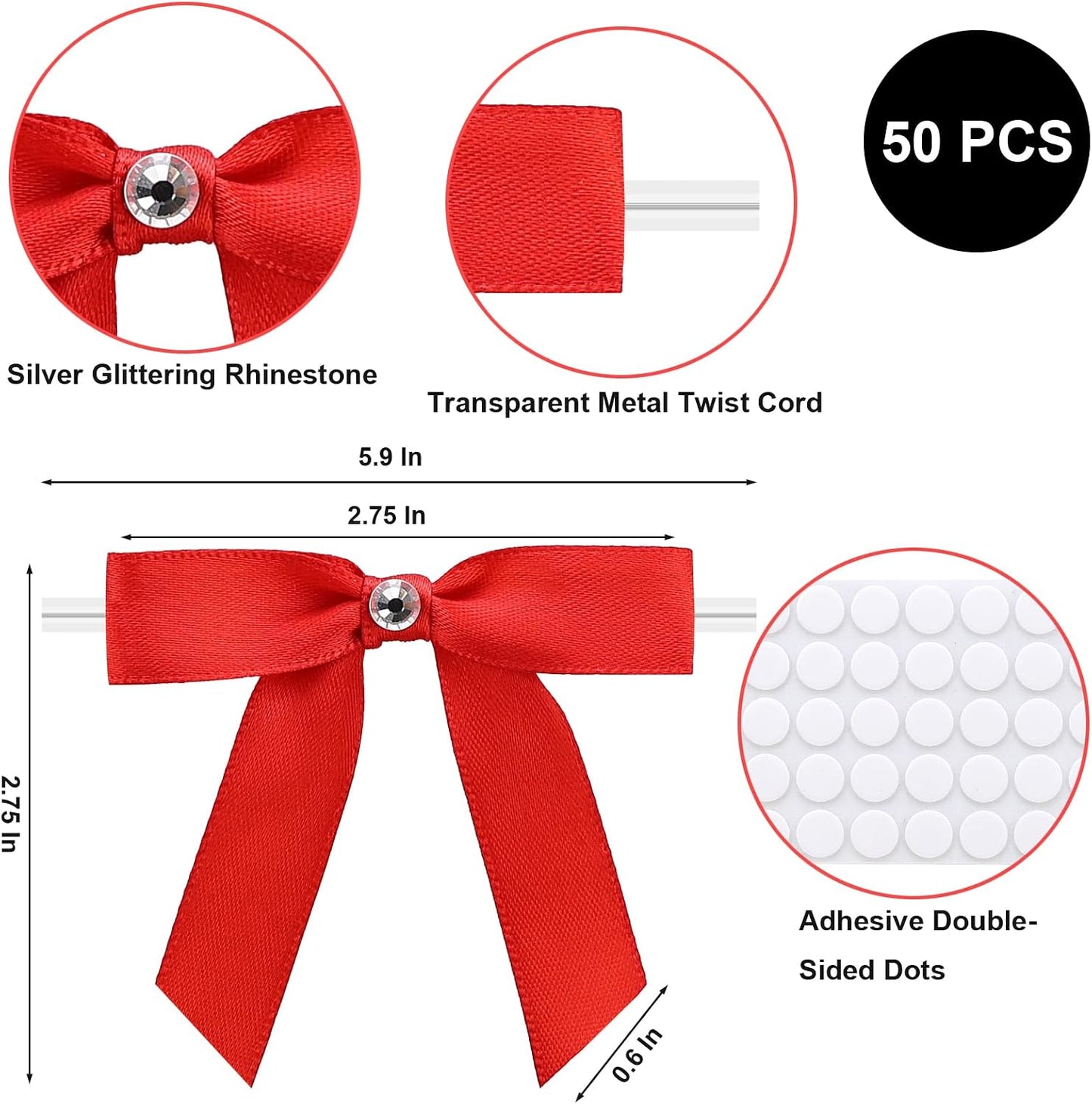 50Pcs Gift Wrap Twist Tie Bows, 2.75in Red Elegant Satin Ribbon Gift Wrapping Small Bows for Party Supplies, DIY Crafts, Wedding Decorations, Baby Shower, Birthday, Engagement WN420