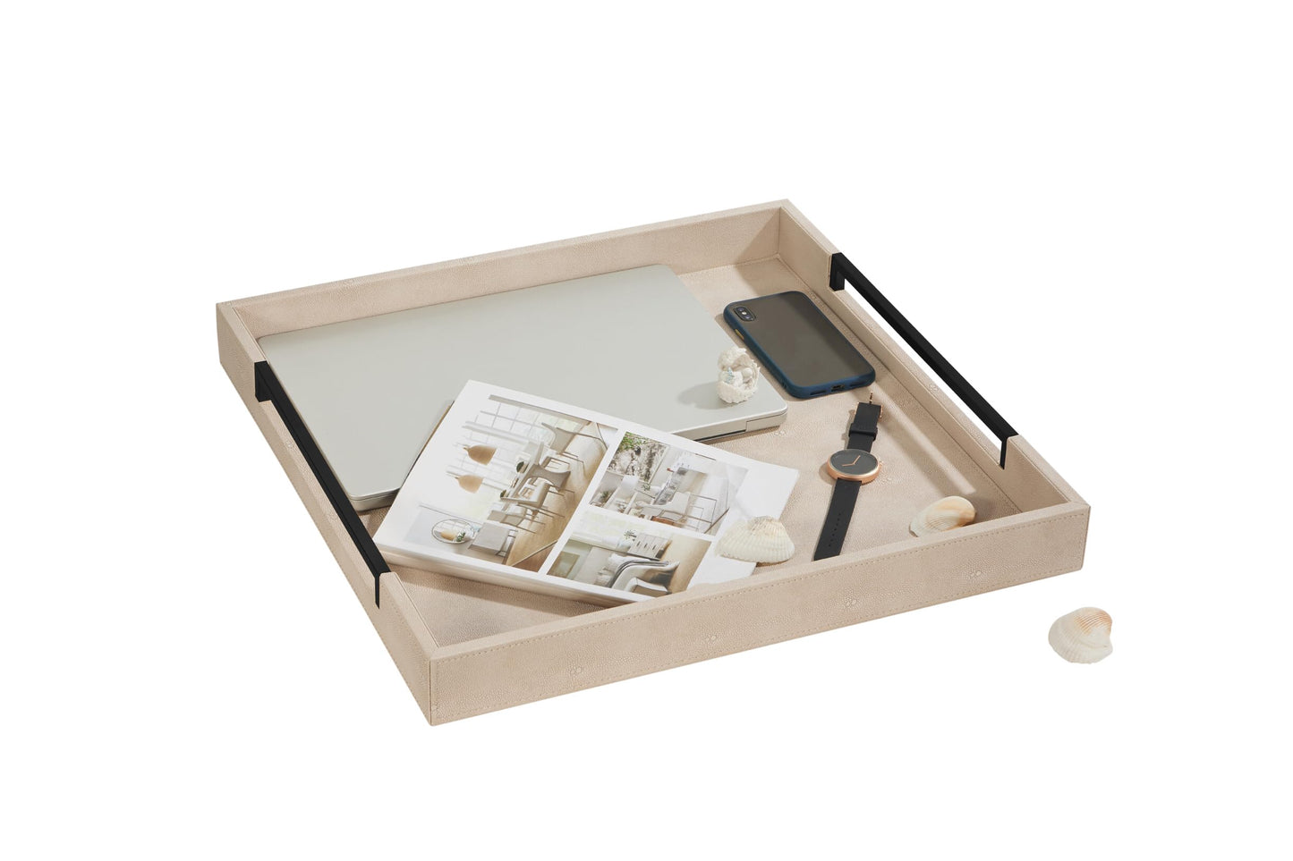 Sagala 16"x16" Ivory Shagreen Leather Serving Tray with Handles for Ottoman Coffee Table, Stylish Decorative Tray for Living Room Modern Home Decor (Ivory-Black, Square 16") BST220