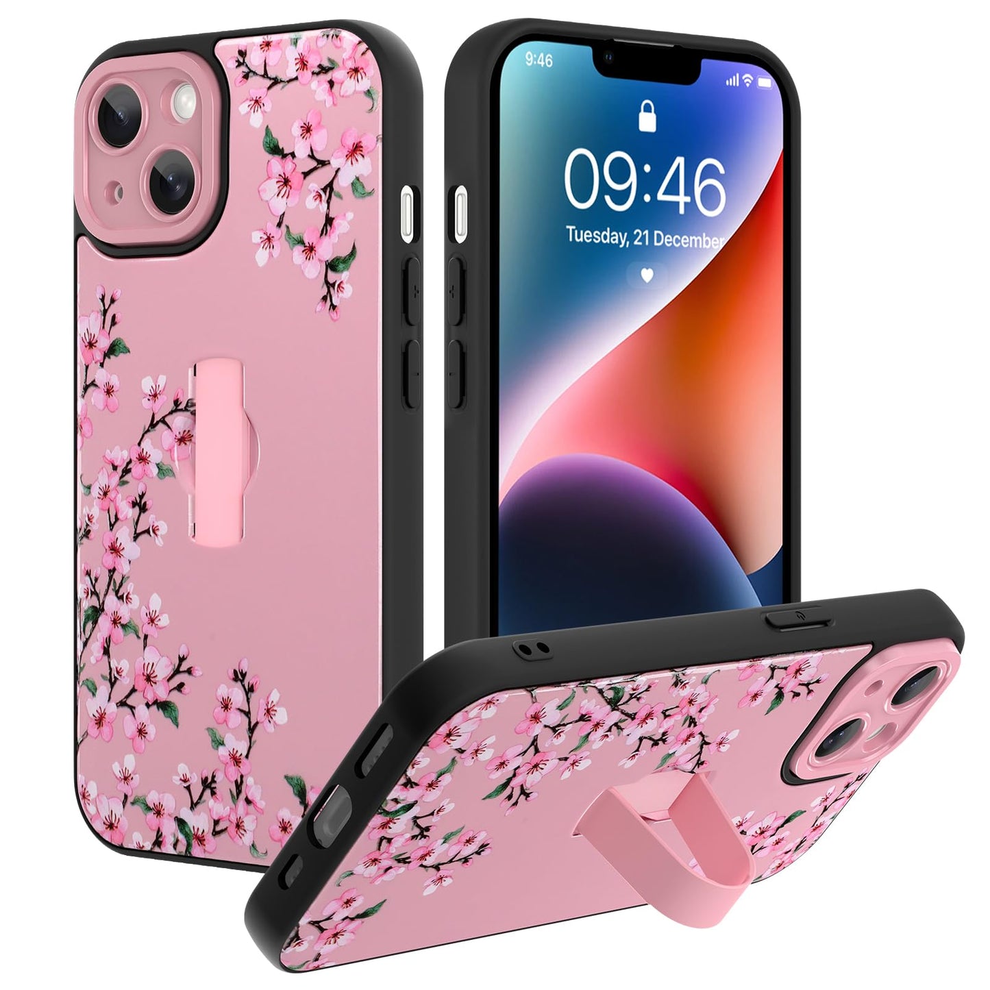 Compatible with iPhone 13 Case, Cute Cheetah Leopard Pattern | Built in Adjustable Wrist Strap Grip Hand Holder Stand Shockproof Kickstand Cover for Women Girls (Black White) WN420