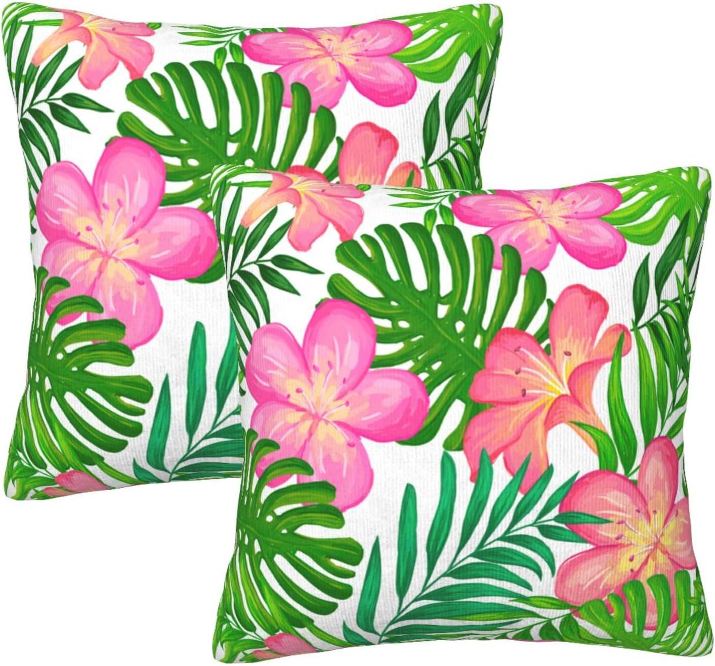 Plumeria Flowers and Palm Leaves Throw Pillow Cover 18x18 Inch Tropical Theme Decorative Pillow Cases Soft Throw Pillows for Living Room Bedroom Sofa Couch Cushion Cover Set of 2 BST220
