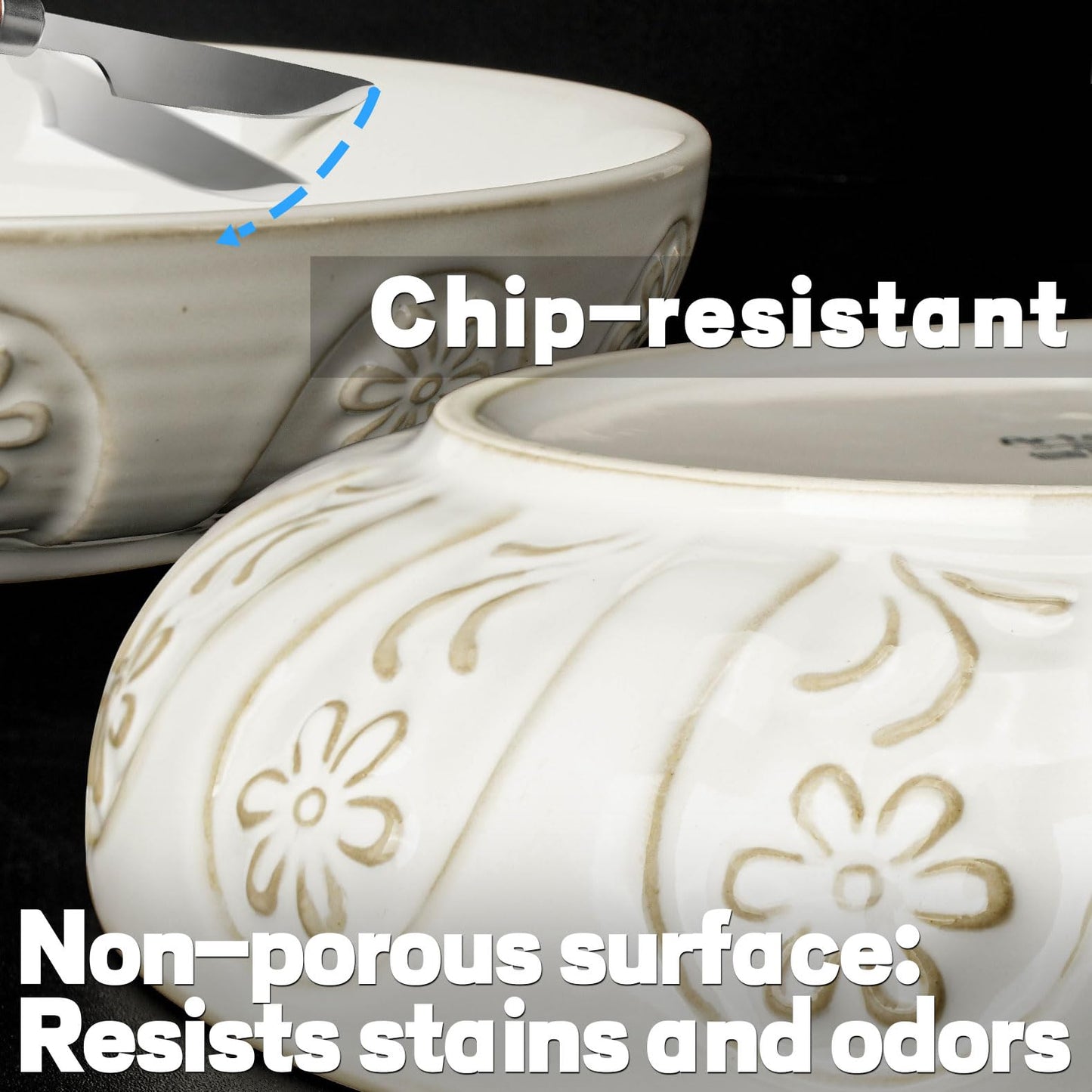 Artena Pasta Bowls, 50oz Large Salad Serving Bowls, 9.75'' Plates Bowls Set of 4, Big White Ceramic Soup Bowls for Kitchen, Embossment Shallow Dinner Bowl, Microwave Dishwasher Safe, Willow Leaf BST326H