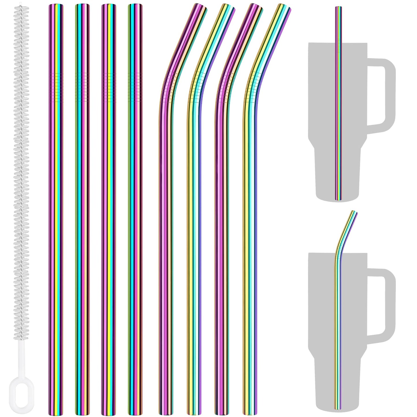 Tomorotec 14PCS Stainless Steel Straws Fit for 30oz Stanley Tumblers | 11" Reusable Drinking Straws with Brush, 7 Bent & 7 Straight for Smoothies, Milkshakes, Coffee, Dishwasher Safe (Metallic) BST326L