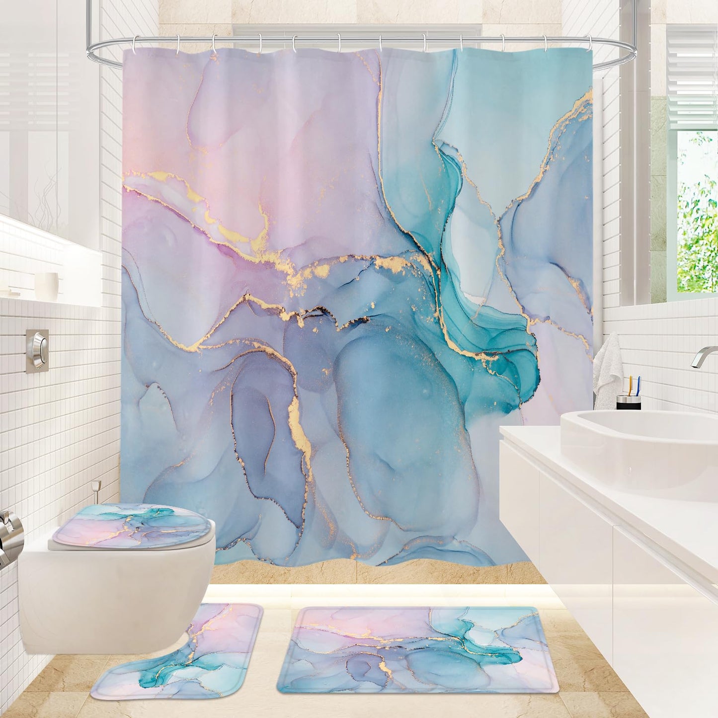 Gibelle 4 Pcs Bathroom Shower Curtain Set with Non-Slip Rugs, Toilet Lid Cover and Bath Mat, Grey Blue Marble Bathroom Decor Set with Shower Curtain and Rugs and Accessories BST326H