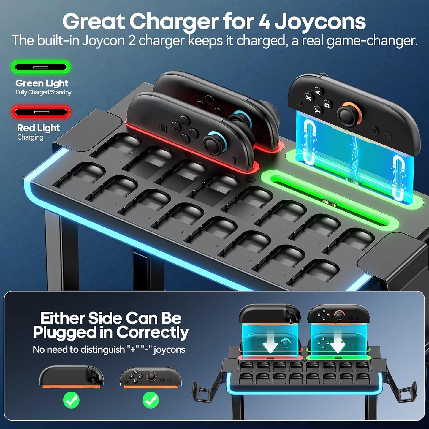 Switch 2 Dock Organizer Station with Joycon2 Charger, 4 Charging Dock for Switch2 Joycons, Storage for 16 Switch2 Games & 16 Game Cases, Pro Controllers & Switch 2 Console Dock Organizer Accessories WN420