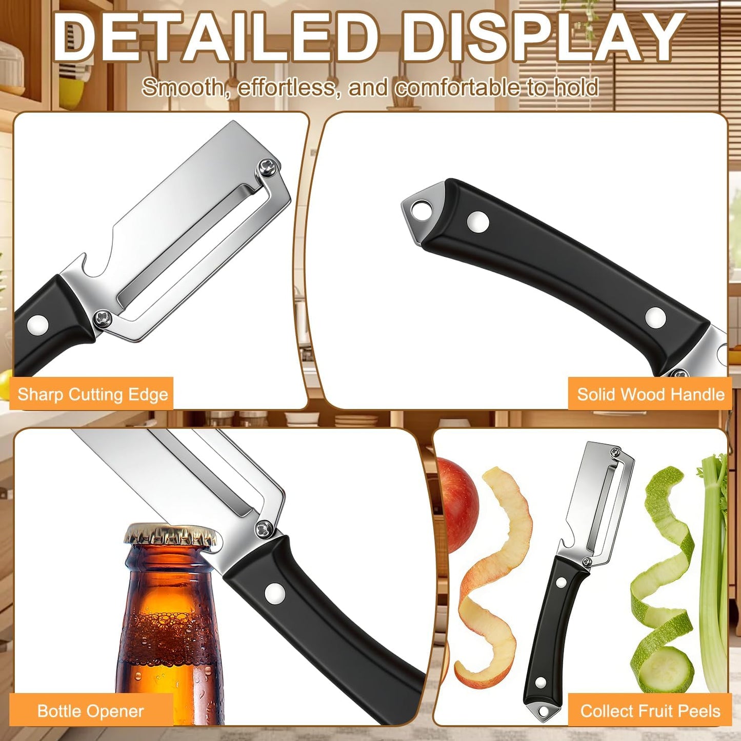 2PCS Premium Vegetable Peeler with Wooden Handle and Bottle Opener,Multifunctional 2-in-1 Stainless Steel Kitchen Tool for Potato Fruit Pineapple Pumpkin Papaya Carrot Vegetable Peeler(Mix) BST326H