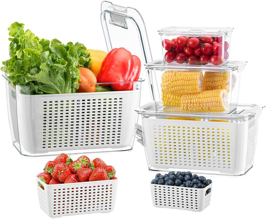LUXEAR 4 Pack Fruit Vegetable Containers for Fridge, Produce Saver Container with Lids &Removable Colander BPA-free Refrigerator Storage Organizer for Fruit Vegetable, Berry, Meat keep Fresh Longer DD1210