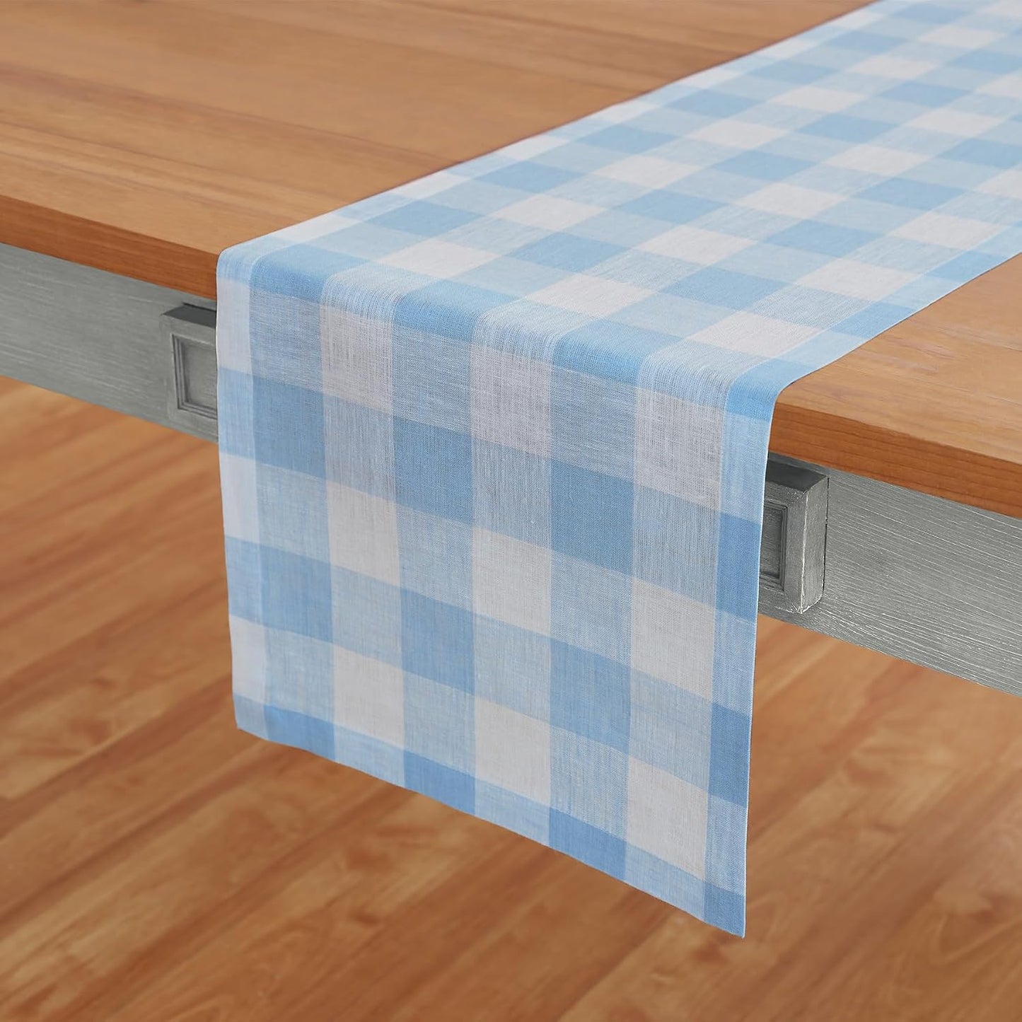 Solino Home 100% Pure Linen Dining Table Runner Blue Bell Check, 14 x 72 in | Buffalo Check Table Runners for dining, console and side tables; buffalo checkered weave, mitered corners; OEKO-TEX Certified BST326SOLH